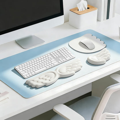 JIKIOU Angel Wing Wrist Rest Ergonomic Memory Foam Wrist Rest for Computer Keyboard Mouse Set, Cute Leather Keyboard & Mouse Support with PU Anti-Slip Base Waterproof White