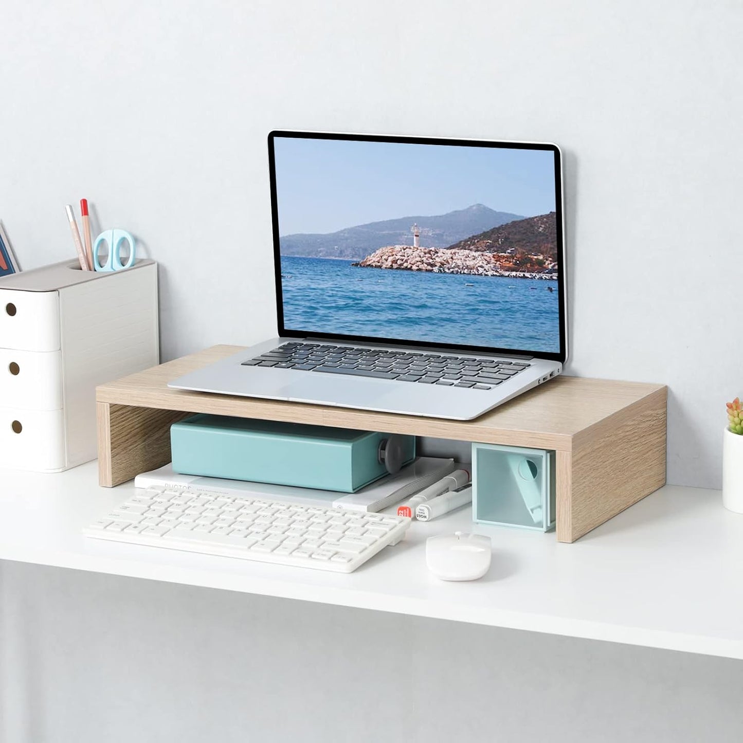 TEAMIX 20 inch White Monitor Stand Riser, Wood Desktop Stand for PC/TV/Laptop/Printer, White Monitor Riser with Storage, Computer Stand with Keyboard Organizer