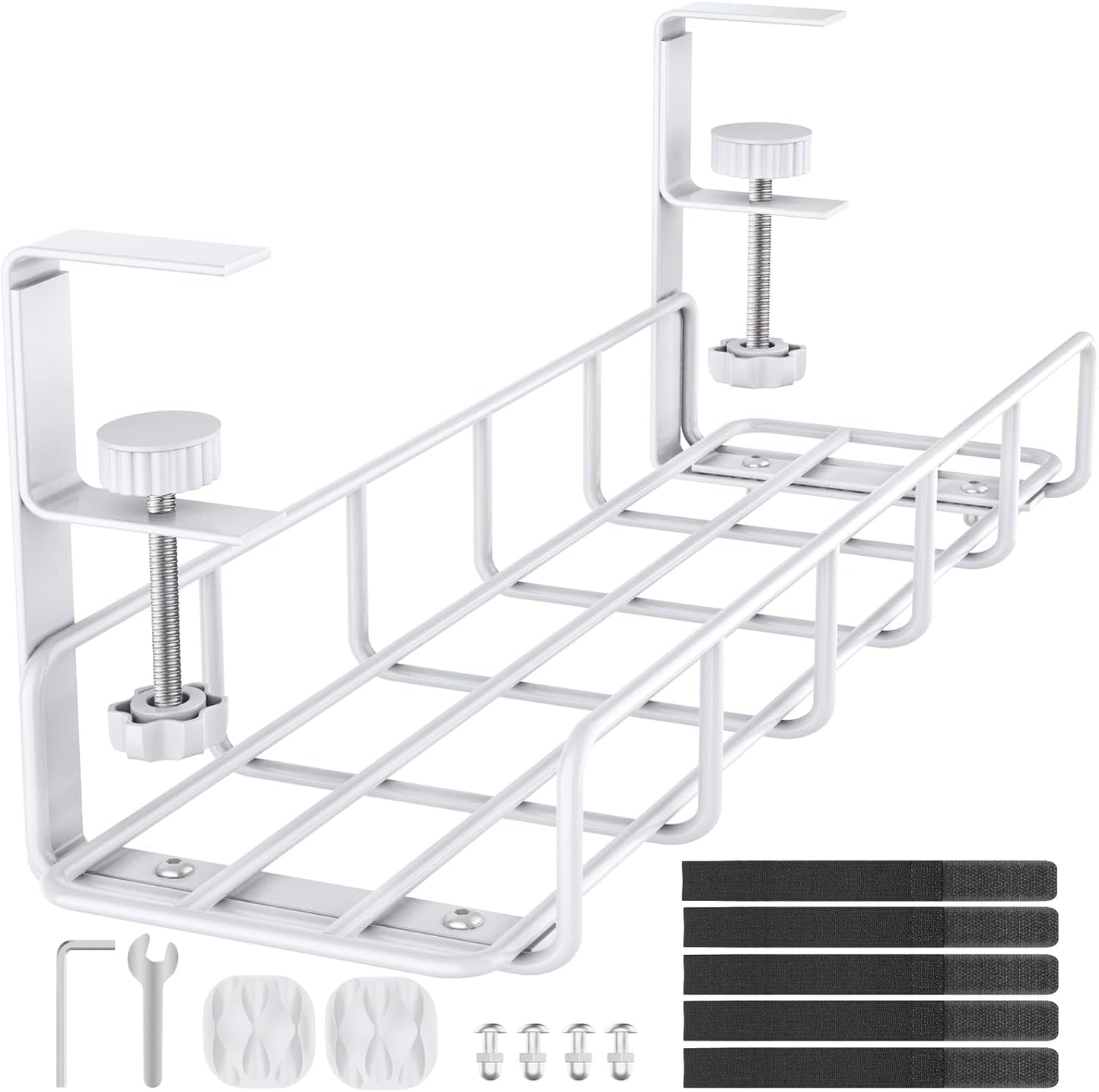 15.7” Under Desk Cable Management Tray, No Drill Steel Cable Tray Organizers, Wire Management Tray Cable Rack with Clamp Mount, Metal Under Desk Tray with Wire and Cord Organizer (Black, 1 Pack)