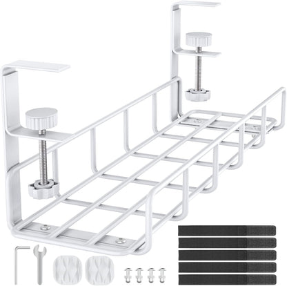 15.7” Under Desk Cable Management Tray, No Drill Steel Cable Tray Organizers, Wire Management Tray Cable Rack with Clamp Mount, Metal Under Desk Tray with Wire and Cord Organizer (Black, 1 Pack)