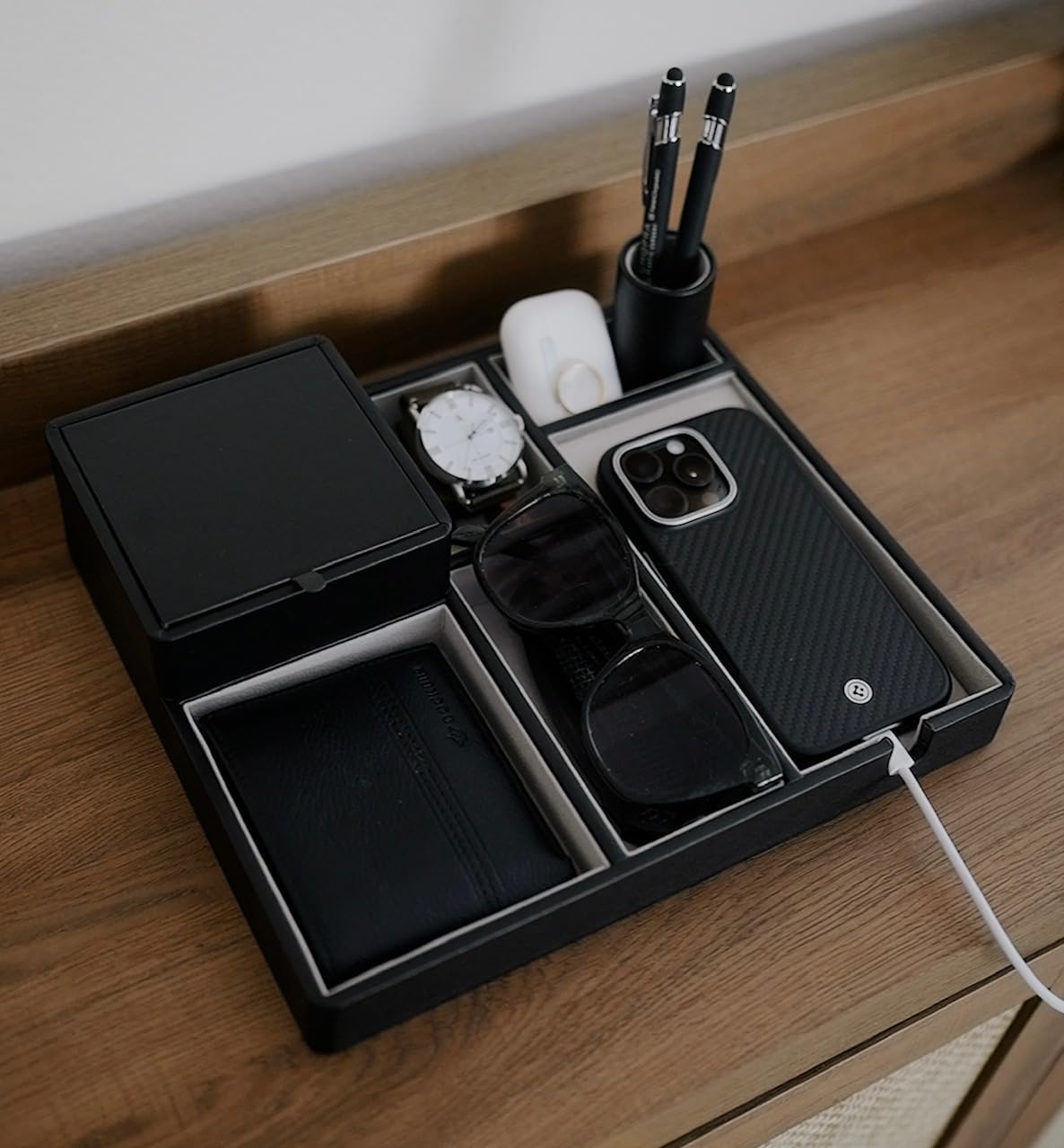 Nightstand Organizer with RFID Key Box – Bedside Valet Holder Tray with Charging Slot for Smart Keys – Catch All Tray for Phone, Wallet, Watch & Jewelry – Dresser Top Organizer Gift for Men & Women