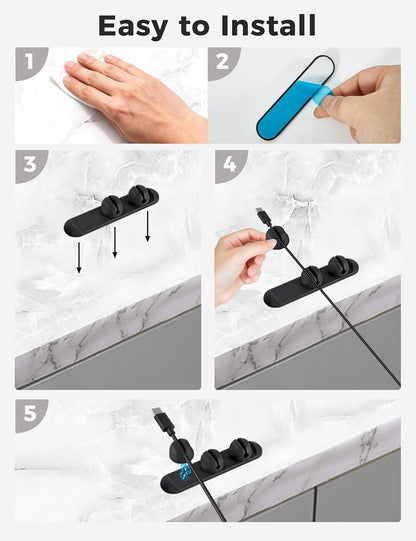Magnetic Silicone Cable Clips with No-Residue Strong Adhesive – Desk, Under-Desk, Nightstand, Wall, Car, Office & Home Cord Organizer for Cable Management - Black