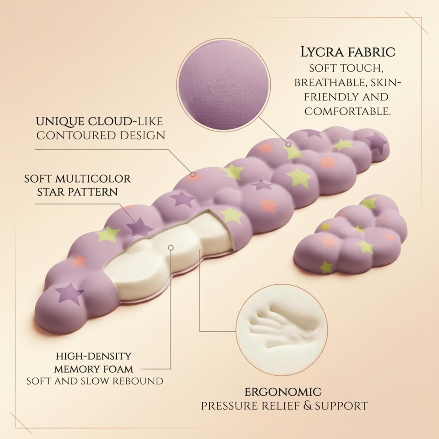 Cloud Wrist Rest Set for Keyboard and Mouse, Includes Cute Coaster, with Computers and Laptops（Purple Star Set）