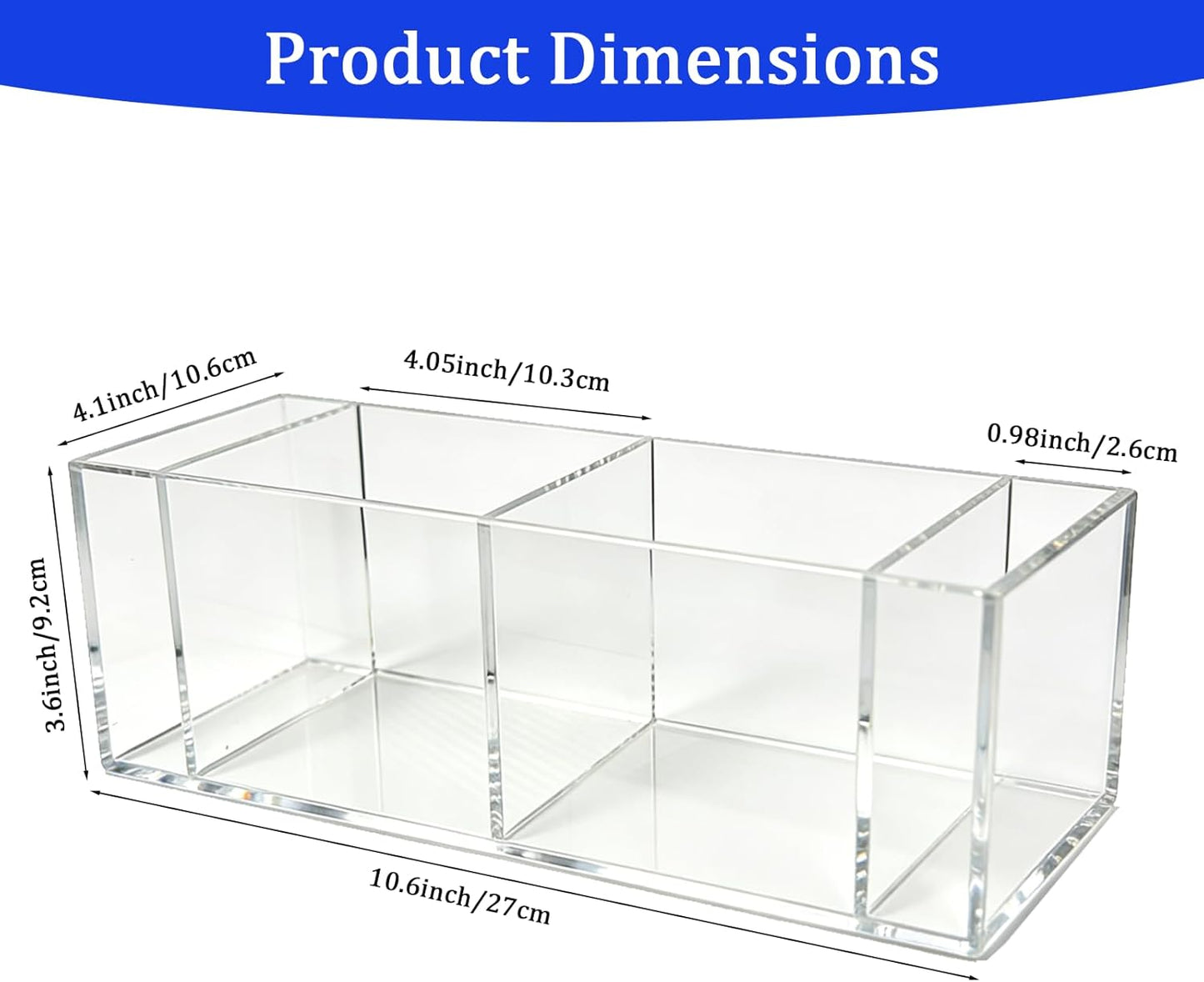 2 Pack Acrylic 3-Compartment Organizer Box, Storage Box with Lid, Clear Pen Holder Organizer Makeup Brush Holder for Office Desk Accessories, Cosmetic Brush Storage Box, Dorm, Bathroom, Kitchen