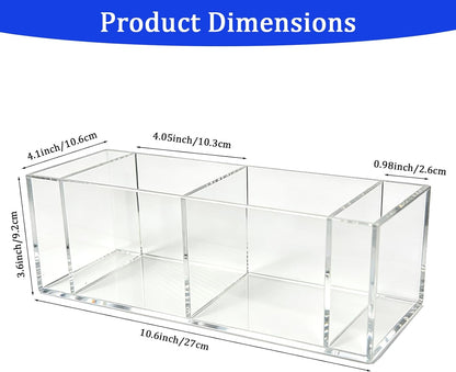 2 Pack Acrylic 3-Compartment Organizer Box, Storage Box with Lid, Clear Pen Holder Organizer Makeup Brush Holder for Office Desk Accessories, Cosmetic Brush Storage Box, Dorm, Bathroom, Kitchen
