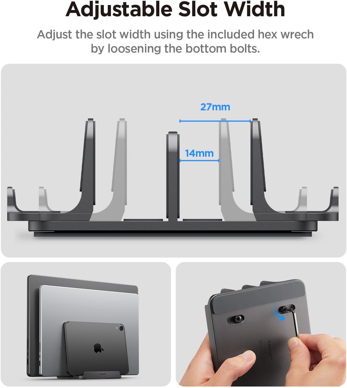 Spigen Vertical Laptop Stand Holder for Desk with Adjustable Dock, 4 Slots Total Fits All MacBook 11"-16"/HP/Dell/Surface/Samsung/LG/Chrome Book LD208S4 - Space Gray