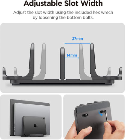 Spigen Vertical Laptop Stand Holder for Desk with Adjustable Dock, 4 Slots Total Fits All MacBook 11"-16"/HP/Dell/Surface/Samsung/LG/Chrome Book LD208S4 - Space Gray