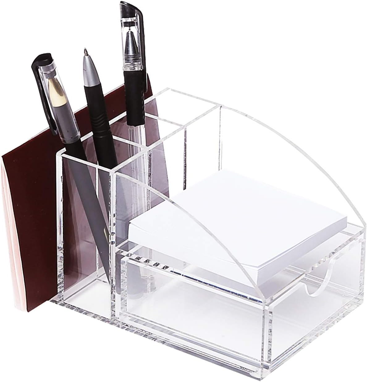 Ikee Design Acrylic Premium Desktop Office Supplies Organizer with Post It Note Pad Holder, Mail Storage and 3 Pencil Slots Pencil Holder, Office Supplies, 3 7/8 W x 5 7/8 D x 3 1/2 H in