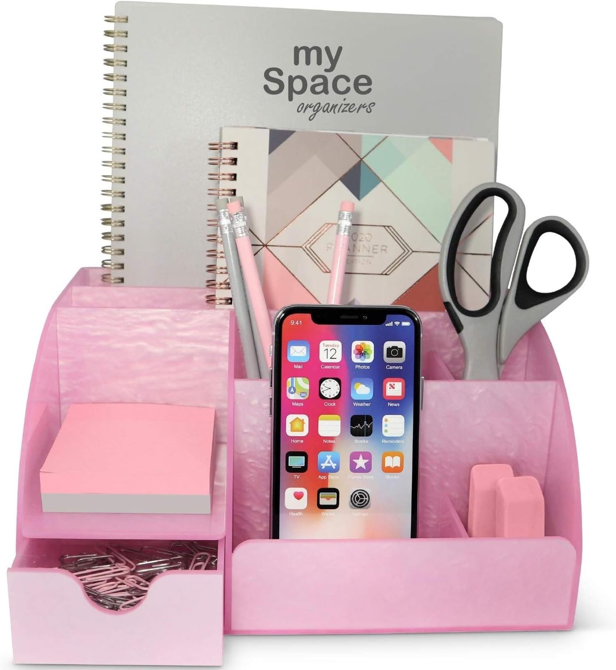 My Space Organizers Clear Acrylic Desk Oganizer, 9 Compartments, Office Supplies and Desk Accessories Organizer, Home Decor Desktop Organizer (Clear)