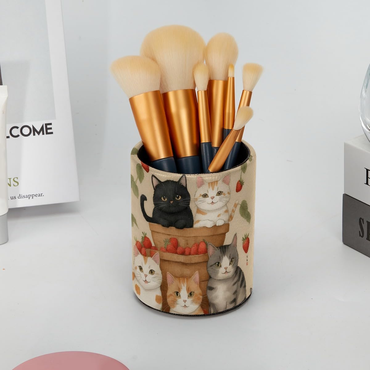 Leather Pen Holder for Desk, Love Cherry Pencil Organizer Pencil Cup Desk Decor Makeup Brush Holder Multifunctional Office Supplies for Home,Office, School