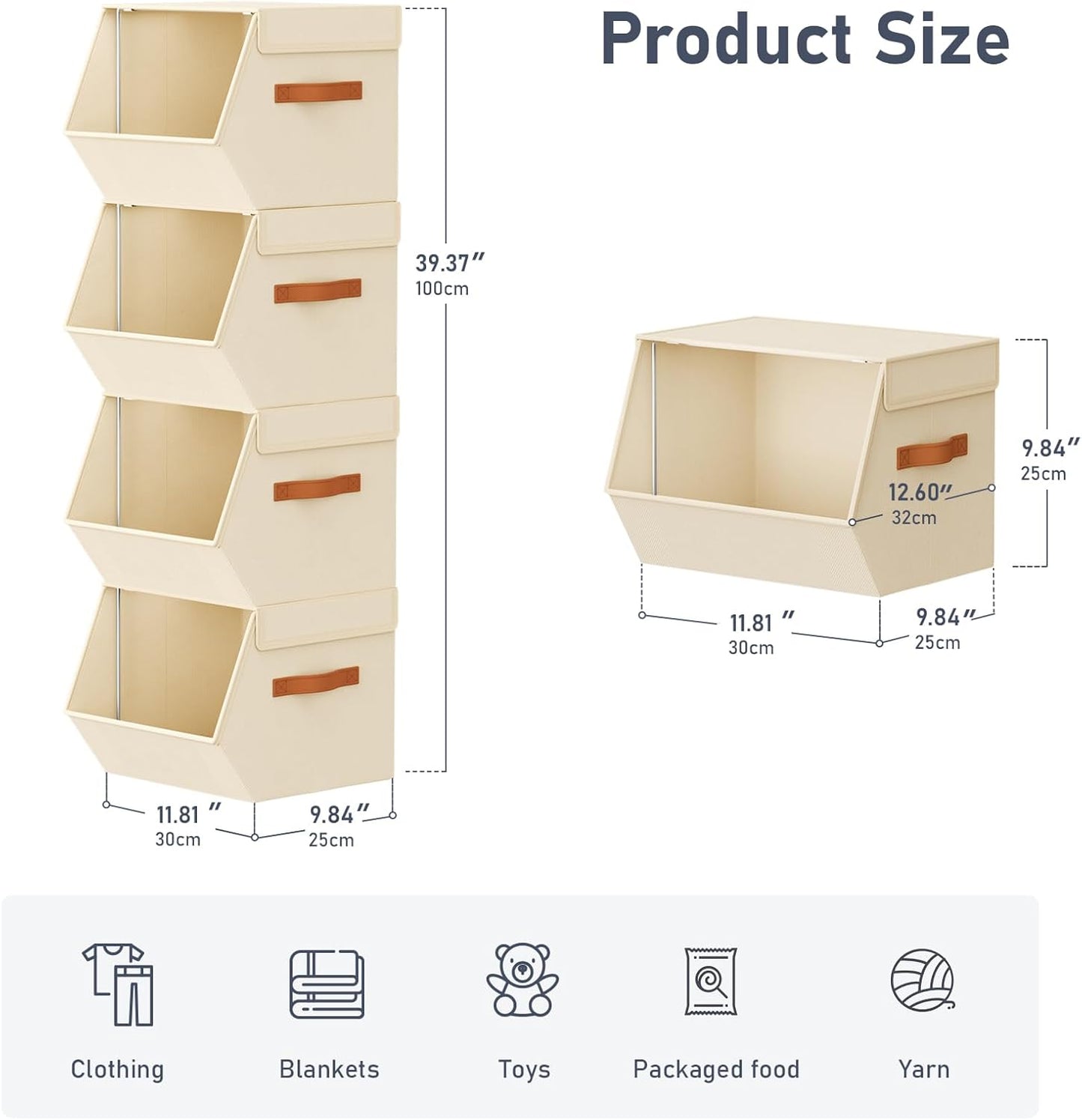 Stackable Closet Organizers and Storage Bins, Open Front Closet Shelf Organizer System With Steel Frame, Clothes Storage Basket Fabric, Collapsible Closet Drawers for Wardrobe, Nursery ,Toy, 4 Pack