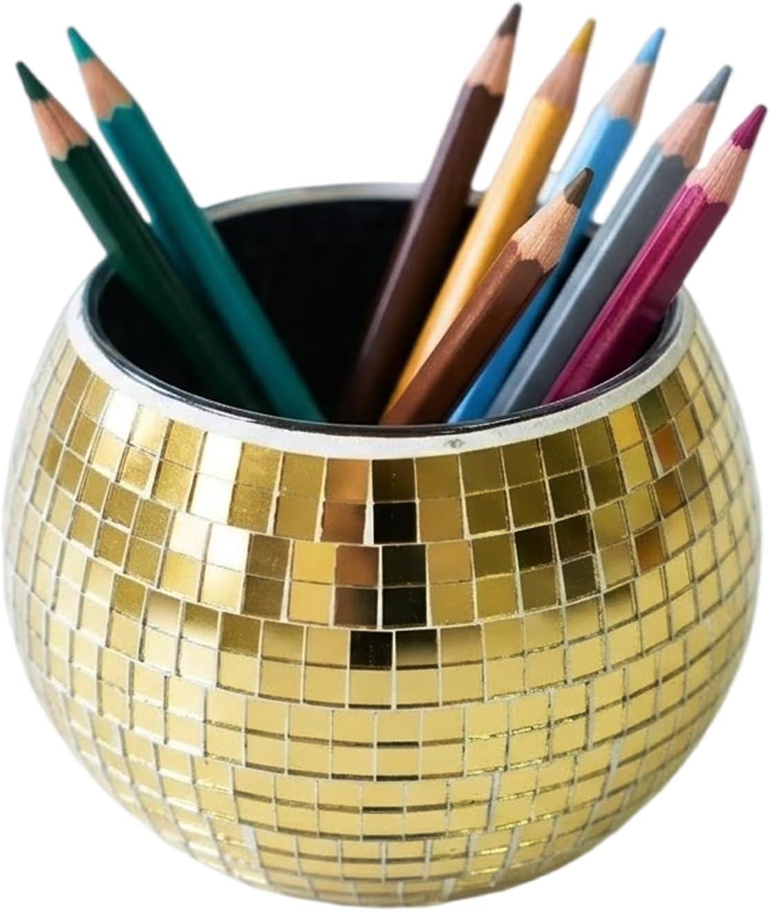 Glass Disco Ball Pen Holder with Smooth Grouting - Premium Mirror Mosaic Pencil Cup for Desk, Cute Makeup Brush Holder, Aesthetic Room Decor Gift (Iridiscente)
