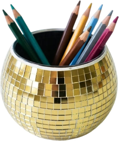 Glass Disco Ball Pen Holder with Smooth Grouting - Premium Mirror Mosaic Pencil Cup for Desk, Cute Makeup Brush Holder, Aesthetic Room Decor Gift (Iridiscente)