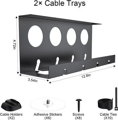 Cable Management Under Desk 2 Pack Under Desk Cable Management Tay Super Sturdy Metal Cable Raceway Tray for Cords/Power Strip (12.6 in)