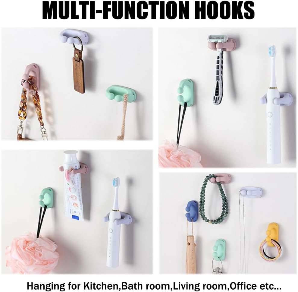 Silicone Toothbrush Holders - 4 Pcs Razor Hooks Adhesive Wall Mounted for Hanging Towel Key Plug Cable, Utility Decor Stick to Dorm Room Essentials Function for Kitchen Bathroom Home Office