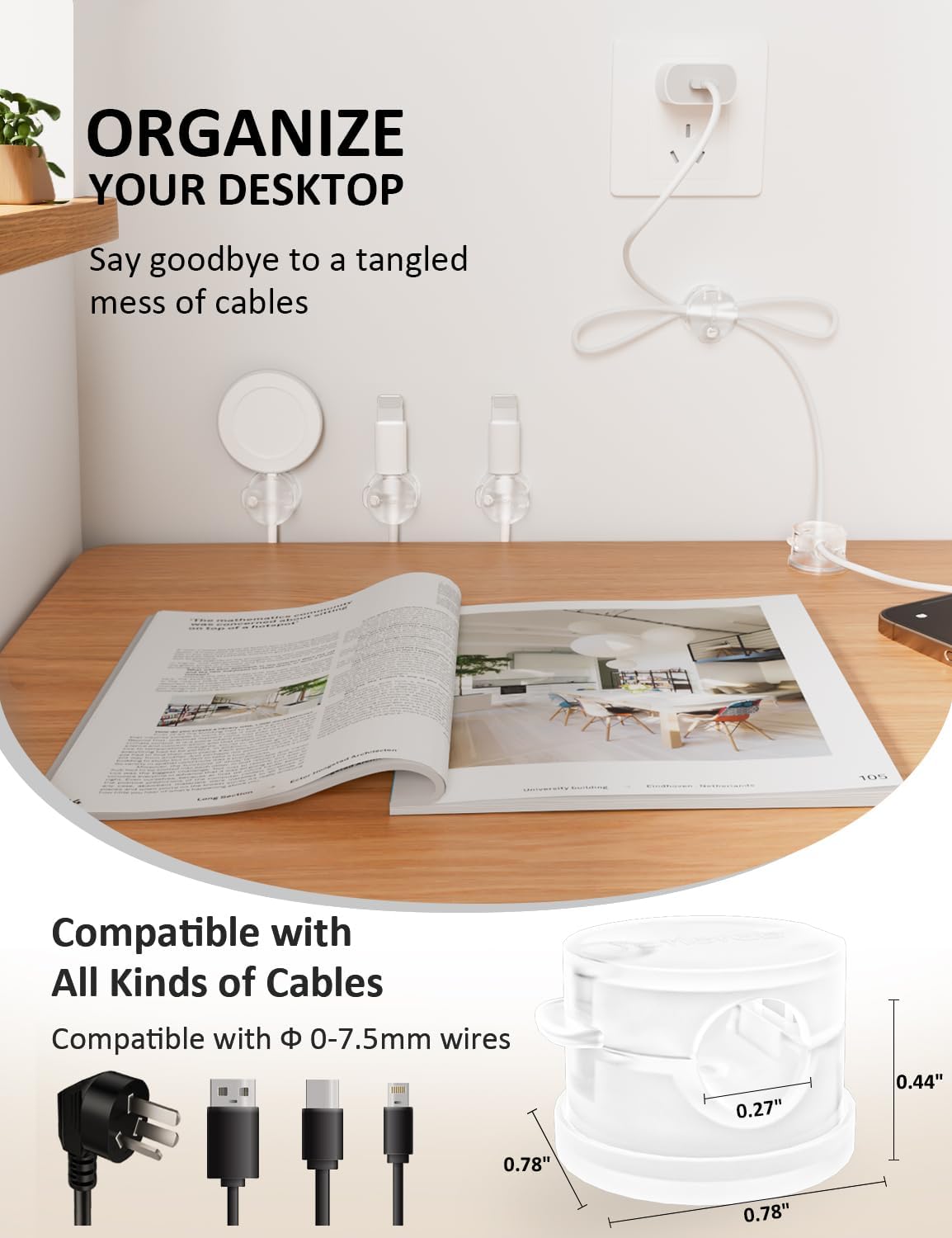 Magnetic Cord Holder for Desk & Nightstand, 7-Pack 360° Rotatable Cable Clips Organizer - Strong Adhesive Fits 8mm Lots for Phone Charger Cords & Wires, Clear