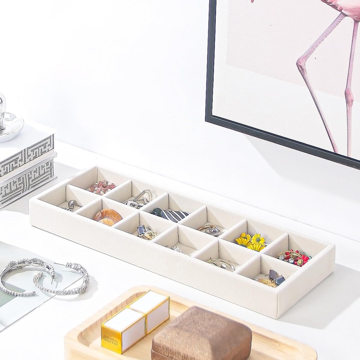 Divided Drawer Organizer Tray, Velvet Jewelry Storage Tray, Necklace Bracelet Ring Earring Display Tray,Bedside Nightstand Desk Holder Tray for Phone Watch Sunglasses Cosmetics Storage/Beige/1grid