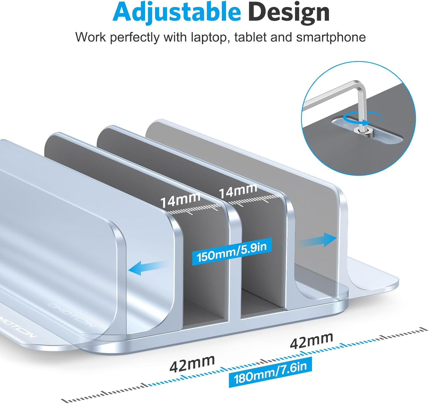 OMOTON Vertical Laptop Stand [Updated 3-Slots Version], Desktop Aluminum Mac Book Stand with Adjustable Dock Size, Fits All Mac Book, Chrome Book and Gaming Laptops (Up to 17.3 inch), Starlight