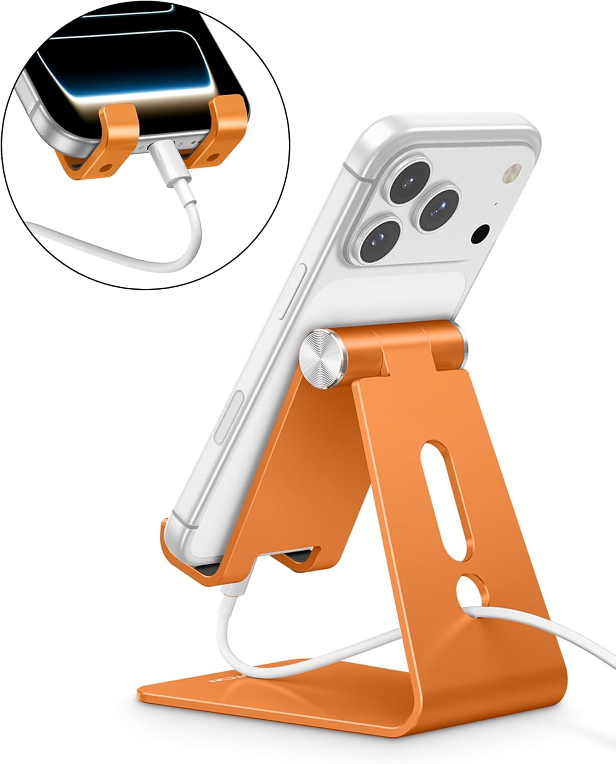 Adjustable Cell Phone Stand, OMOTON Aluminum Desktop Cellphone Stand with Anti-Slip Base and Convenient Charging Port, Fits All Smart Phones, Silver