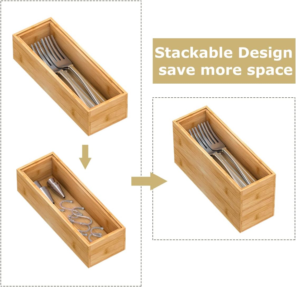Bamboo Kitchen Drawer Organizer,Stackable Silverware Tray Utensil Organizer Cutlery Holder for Kitchen,Wooden Storage Box for Bathroom, Multi-Use Drawer Organizer for Office,Makeup(12x6x2.5 inch）