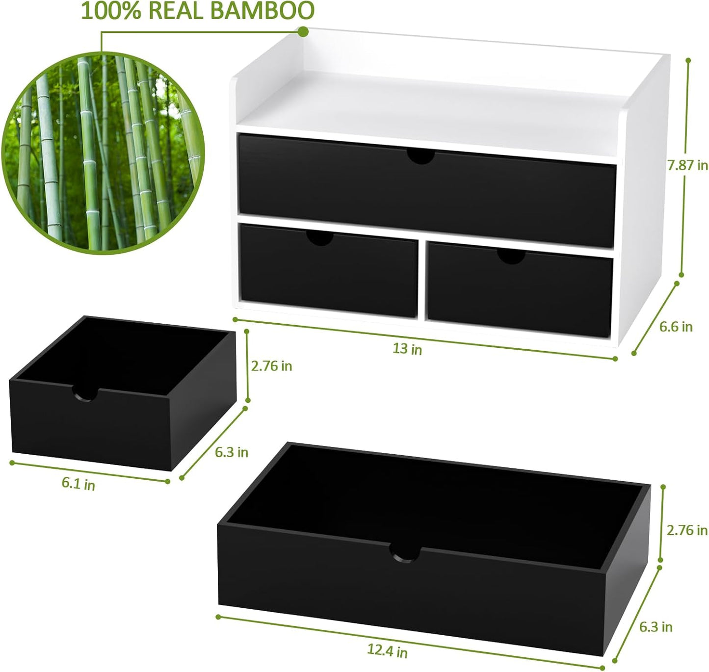 Desk Organizer with Drawers - Bamboo Desktop Organizer Storage | Wood Desk Drawers Organizer for Bills, Office Supplies, Cosmetics, Seals No Assembly Required (3 Drawer with Big Drawer)