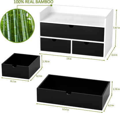 Desk Organizer with Drawers - Bamboo Desktop Organizer Storage | Wood Desk Drawers Organizer for Bills, Office Supplies, Cosmetics, Seals No Assembly Required (3 Drawer with Big Drawer)