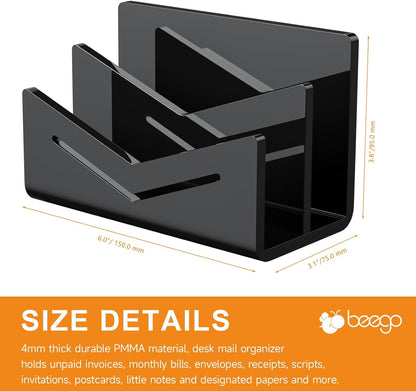 Beego Envelope and Mail Organizer Countertop - Clear Acrylic Desk Organizer Letter Holder Desktop File Sorter Bill Document Folder Rack for Office, Home, School Desk Organization
