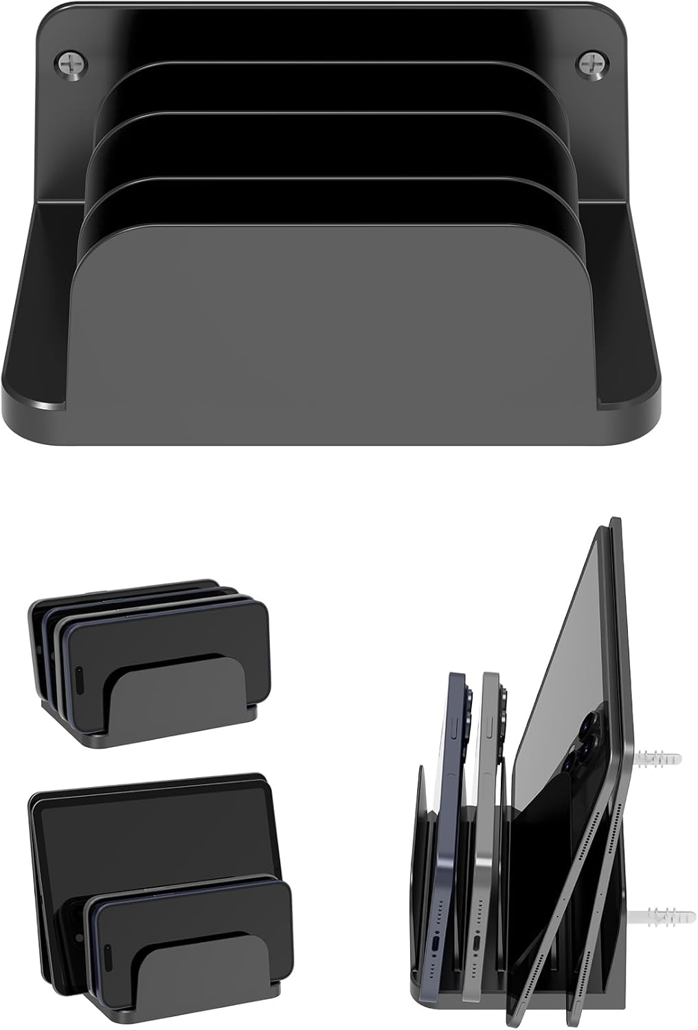Phone Wall Mount Storage Organizer, Compatible with iPhone and Android, Holds Four Phones or Tablets at Once Charging Holder Station Fit for ipad, Kindle and More (Black)