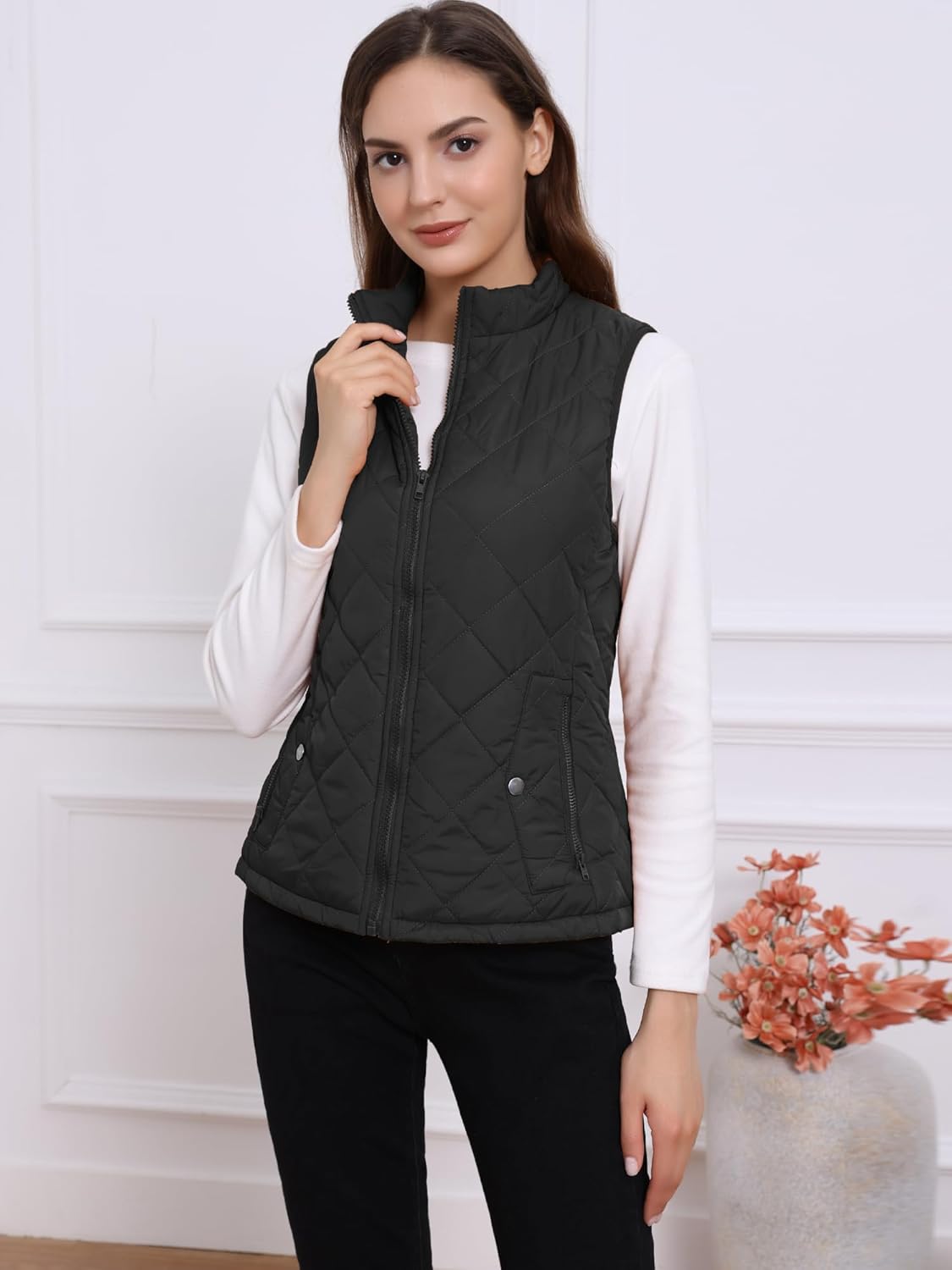 Allegra K Women's Puffer Vest Stand Collar Lightweight Gilet Quilted Zip Vest