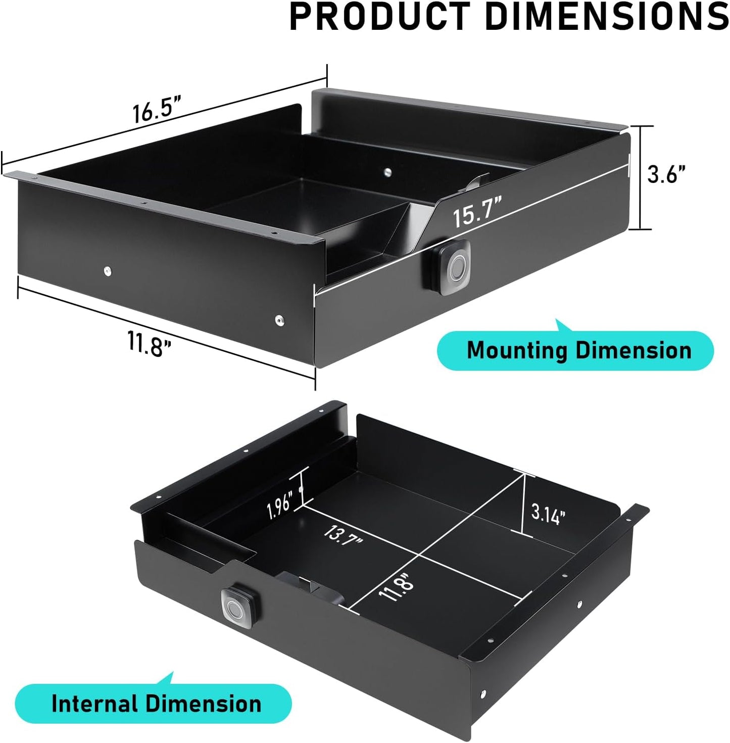 Under Desk Drawer Storage with Lock, Metal Undermount Table Drawer, Ball Bearing Slides Out Tray Organizer for Paper, Pencil, and Laptop 16"x11.8"x3.6", White