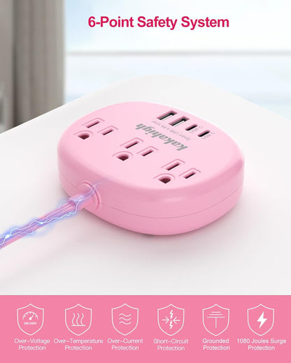 Pink Extension Cord with Surge Protected 1080J - 5 FT Kawaii Power Strip, 1625W Cute Extension Cord with 3 AC Outlet 4 USB (24W/4.8A), Compact for Cute Pink Kawaii Desk Home Essentials