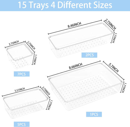 Manalete Drawer Organizers Set of 15, 4 Sizes Clear Plastic Drawer Organizers and Storage Bins for Kitchen, Bathroom, Office, Dresser Desk Drawer Organizer Tray for Jewelry, Makeup, Junk, Gadgets