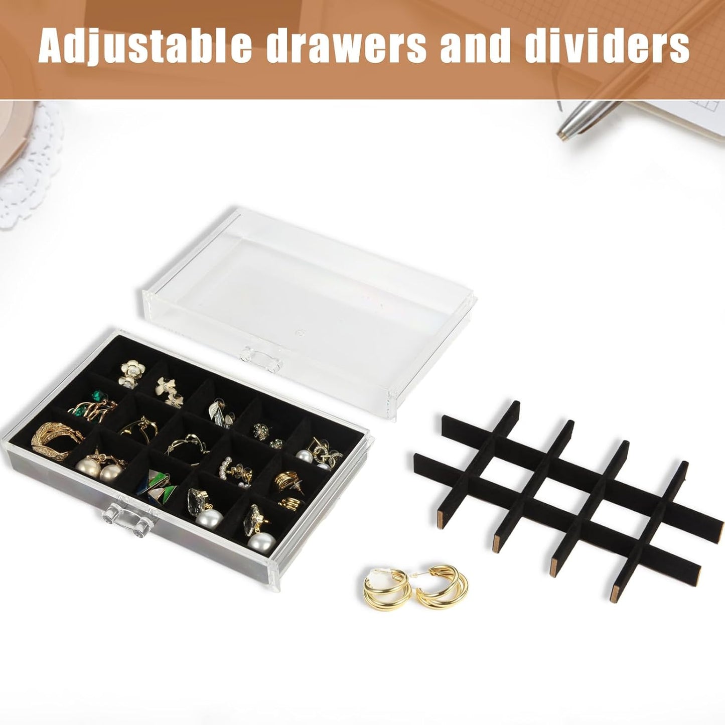 GUOER 5 Drawers Clear Jewelry Box for Women and Girls, Acrylic Earring Holder Organizer Ring Holder Display Storage, Mother's Day Warm White