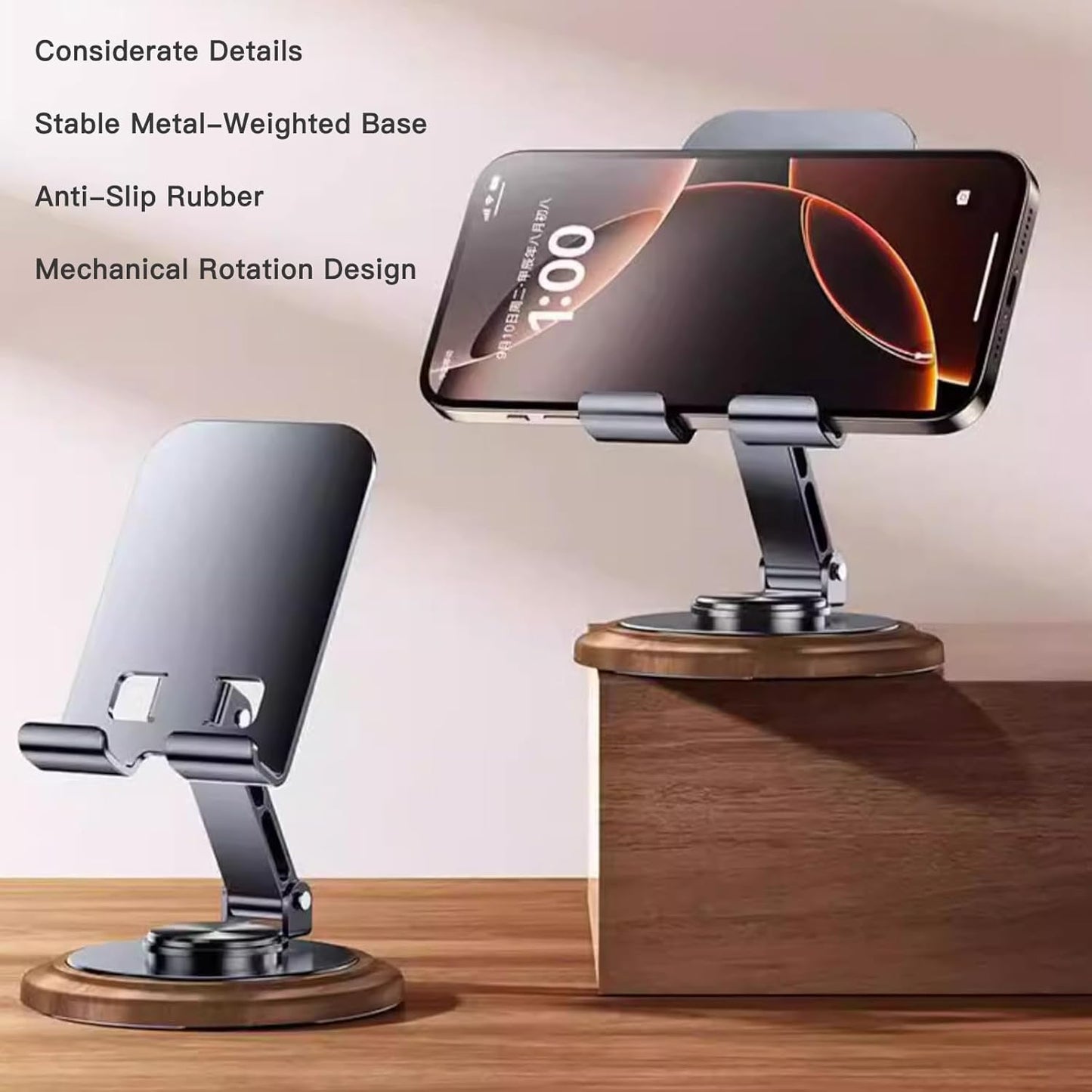 Adjustable Cell Phone Stand,360 Rotating Foldable Desktop Cellphone Stand with Anti-Slip Base Portable Phone Holder for iPhone 16 15 14 13 Pro Max, All Smart Phones, iPad (Wood)