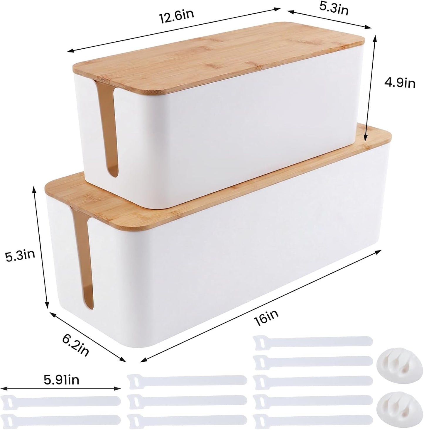 2 Pack Cable Management Box - Cord Organizer Box with Wooden Lid for TV Wires, Power Strips, Router, USB Hub & Under Desk Power: Baby & Pet Proof Cord Management, Cord Hider for Home & Office (White)
