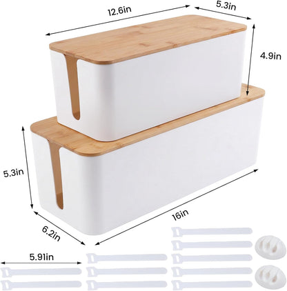 2 Pack Cable Management Box - Cord Organizer Box with Wooden Lid for TV Wires, Power Strips, Router, USB Hub & Under Desk Power: Baby & Pet Proof Cord Management, Cord Hider for Home & Office (White)