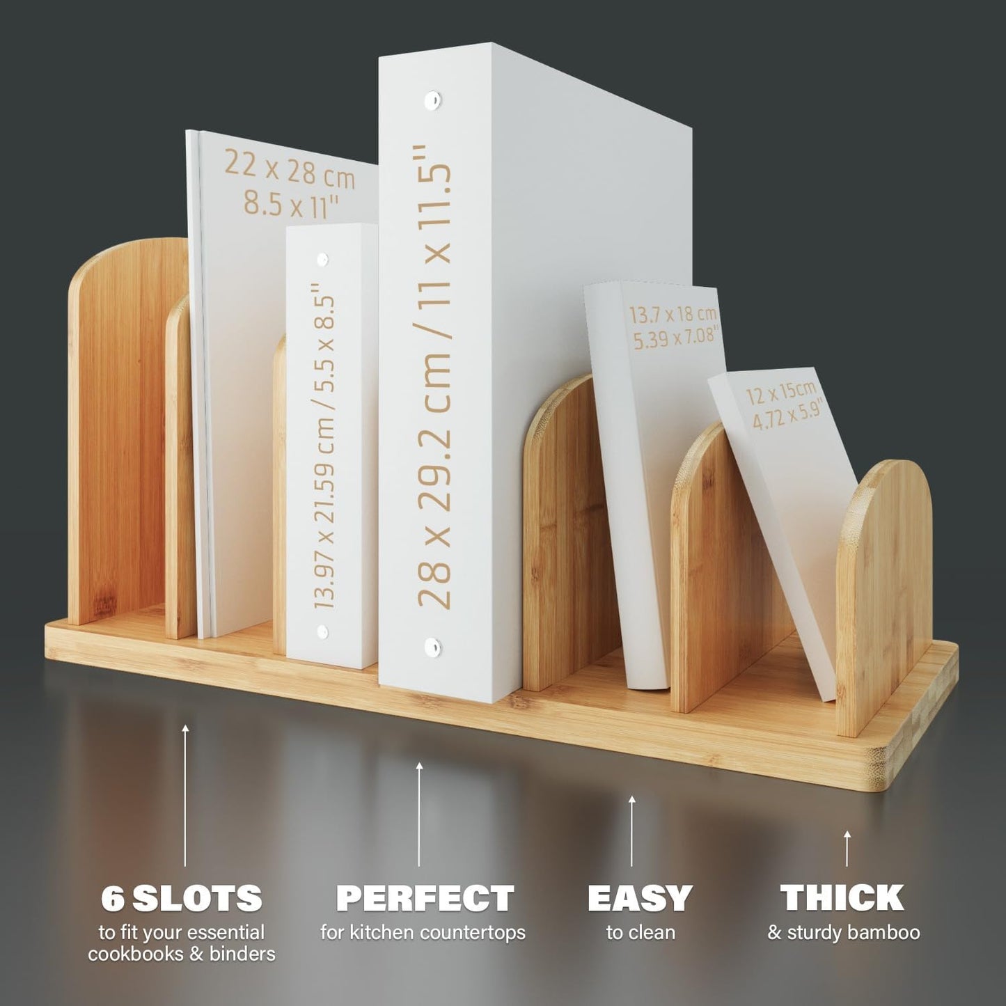 Cook Book Organizer, 4 Sections, Recipe Book Holder Rack, Tabletop Stand for Convenient Cookbook Storage, Vertical Cook Book Stand Kitchen, Binder Holder for Desk & Countertop (Bamboo)