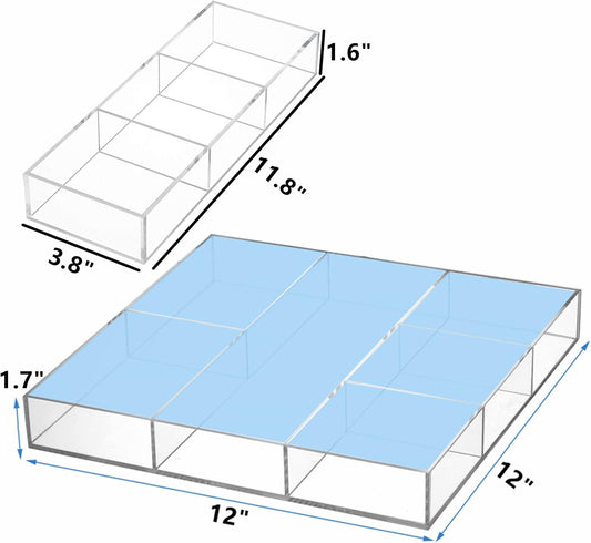 Peohud 2 Pack Acrylic Drawer Organizer Tray, 6/3 Section Clear Makeup Tray Organizer for Drawer, Junk Drawer Storage for Office Desk Supplies and Accessories