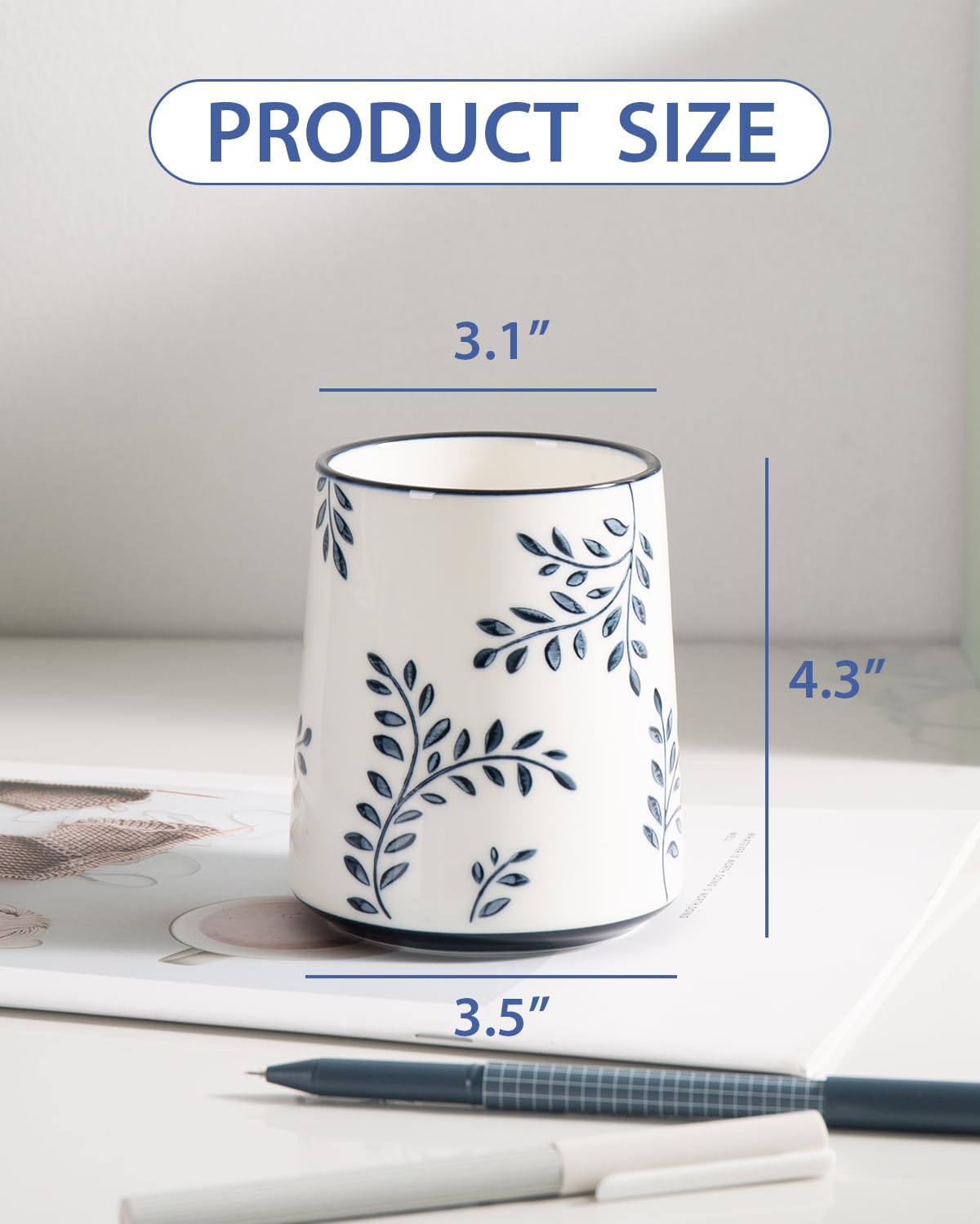 Pencil Holder for Desk, Ceramic Pen Holder, Blue and White Chinoiserie Desk Pen Organizer, Flowers and Branches