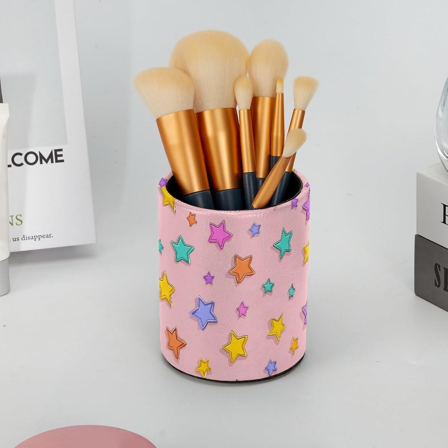Leather Pen Holder for Desk, Love Cherry Pencil Organizer Pencil Cup Desk Decor Makeup Brush Holder Multifunctional Office Supplies for Home,Office, School