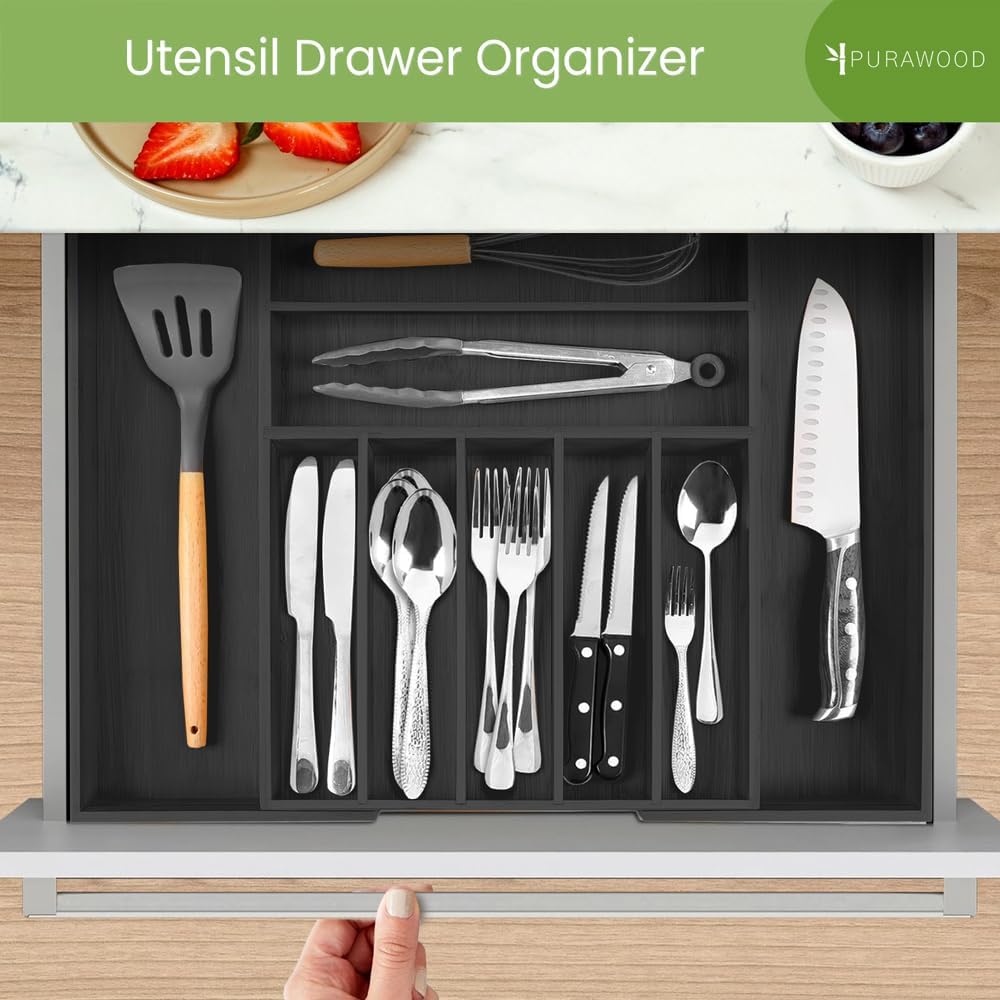 Purawood Kitchen Drawer Organizer - Expandable Utensil Drawer Organizer for Kitchen, Cutlery Tray & Silverware Organizer, 3-5 Slots - Bamboo Organizer for Utensils & Flatware (Natural)