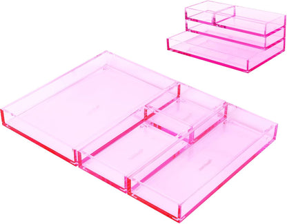 Clear Acrylic Desk Organizer for Office or Home Desk Drawer Dividers, Makeup Vanity Storage Bins, Stackable 4-Pack, Acrylic Accessory and Half Accessory Tray/Small Tray