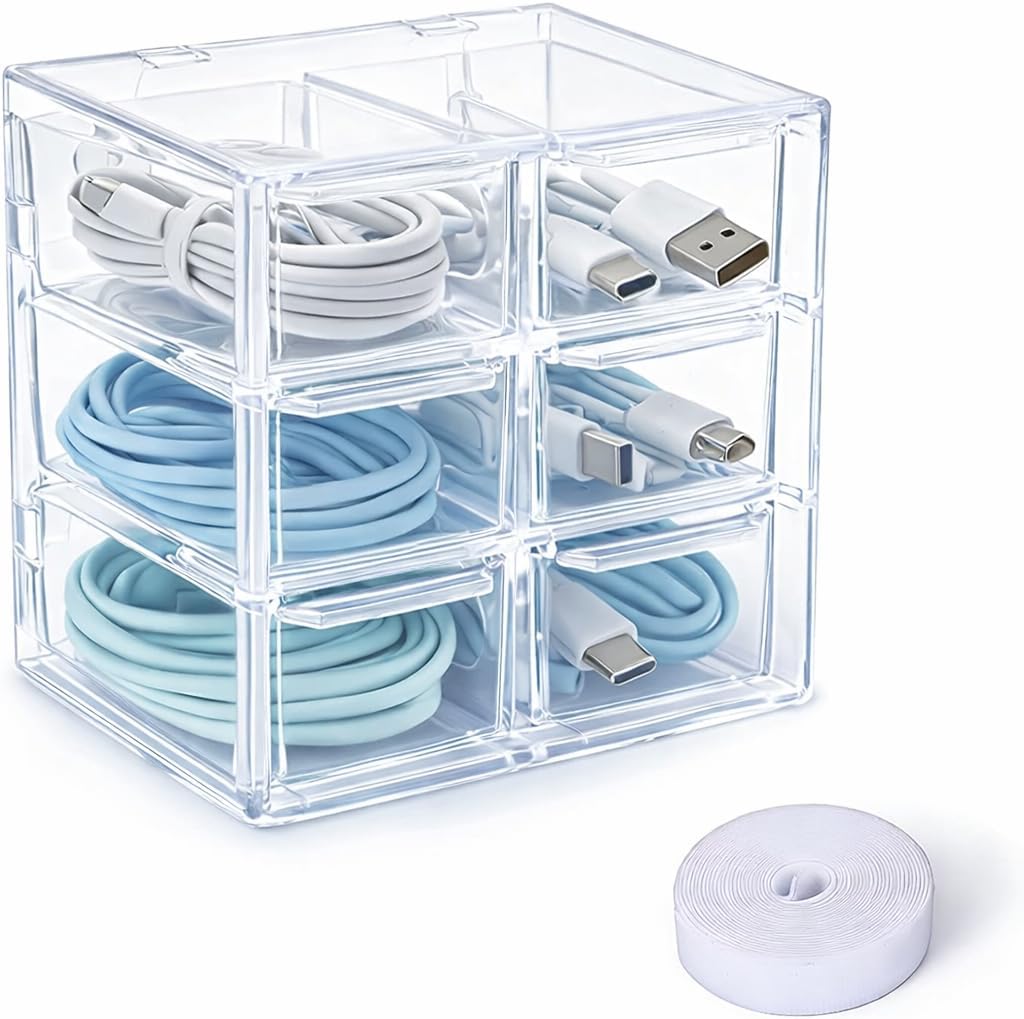 Cable Management Box 3 Layer 6 Compartment PP Material Cable Organizers for Desk Clear Cord Organizer with 118in Hook and Loop Tape Charger Organizer Electronics Travel Case for Home Office
