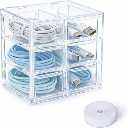 Cable Management Box 3 Layer 6 Compartment PP Material Cable Organizers for Desk Clear Cord Organizer with 118in Hook and Loop Tape Charger Organizer Electronics Travel Case for Home Office