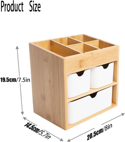 Bamboo Makeup Organizer with 3 Drawers, Dresser Cosmetic Organizer Box,Bamboo Desk Organizer for Home with Adjustable Dividers