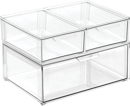 mDesign Plastic Stackable Closet Storage Organizer Bin Containers with Front Pull Drawer for Cabinet, Desk, Shelf, Cupboard, or Dresser Organization - Lumiere Collection - Clear