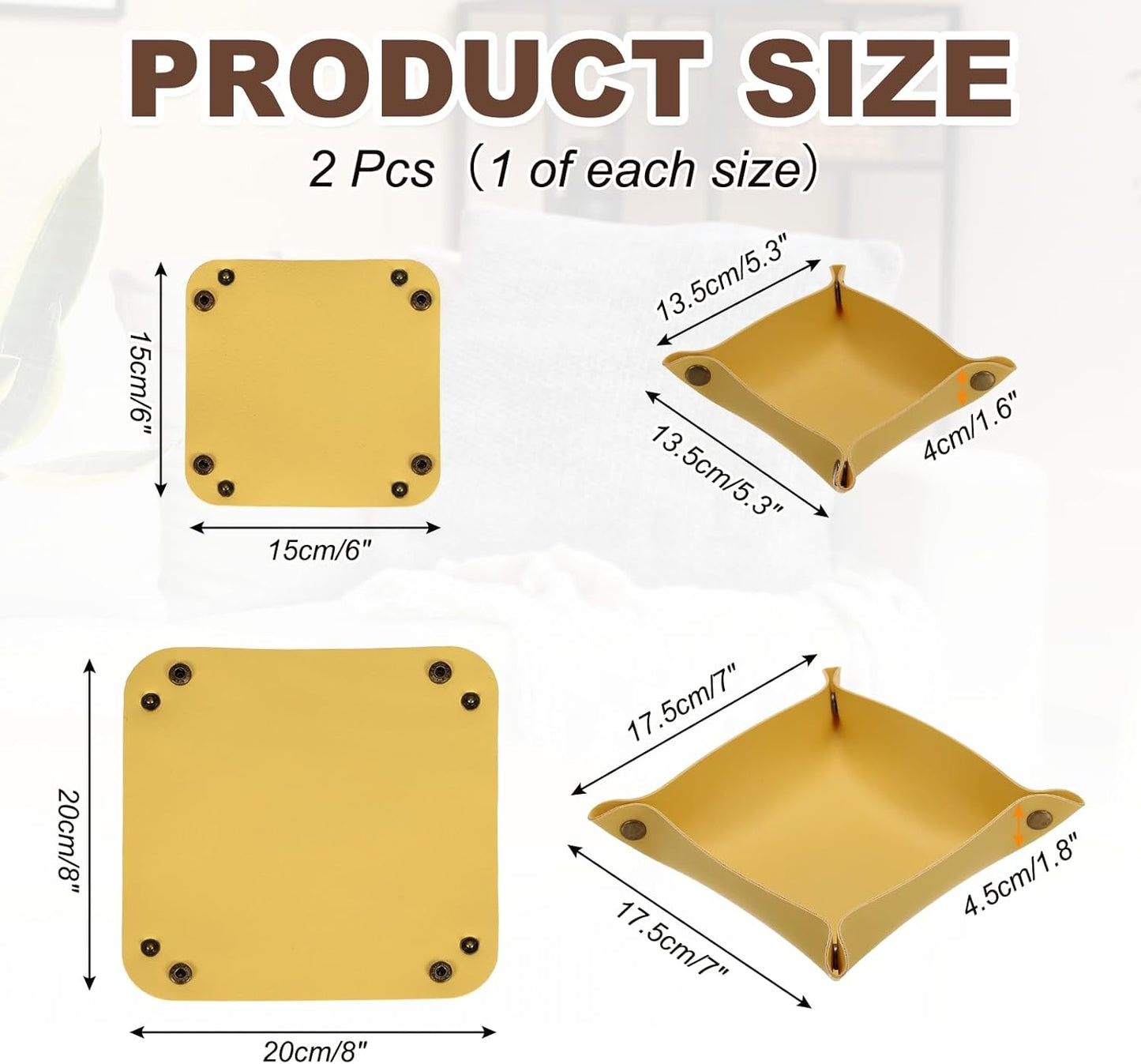 uxcell 2 Pcs Leather Valet Tray, Folding Jewelry Tray Organizer Square Travel Dish Plate Desk Organizer for Women and Men Storage Jewelry Keys Wallet Coin (2 Sizes, Beige)