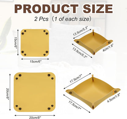 uxcell 2 Pcs Leather Valet Tray, Folding Jewelry Tray Organizer Square Travel Dish Plate Desk Organizer for Women and Men Storage Jewelry Keys Wallet Coin (2 Sizes, Beige)