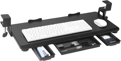 Large Keyboard Tray Under Desk Slide Out with Sturdy C-Clamp Mount and Storage Drawer, 27" (31" Including Clamps) x 12" Ergonomic Keyboard Trays for Home and Office, Black