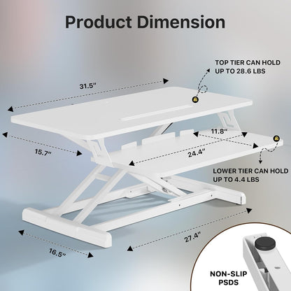 JOY worker Standing Desk Converter, 32" Wide Height Adjustable Sit Stand Up Desk Riser with Keyboard Tray, Desktop Workstation Riser for Home Office Computer Laptop, Particle Board, White